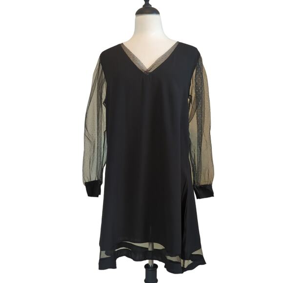 New Linen V-neck Dress with Tulle Sleeves and Trim Size L - Picture 1 of 4